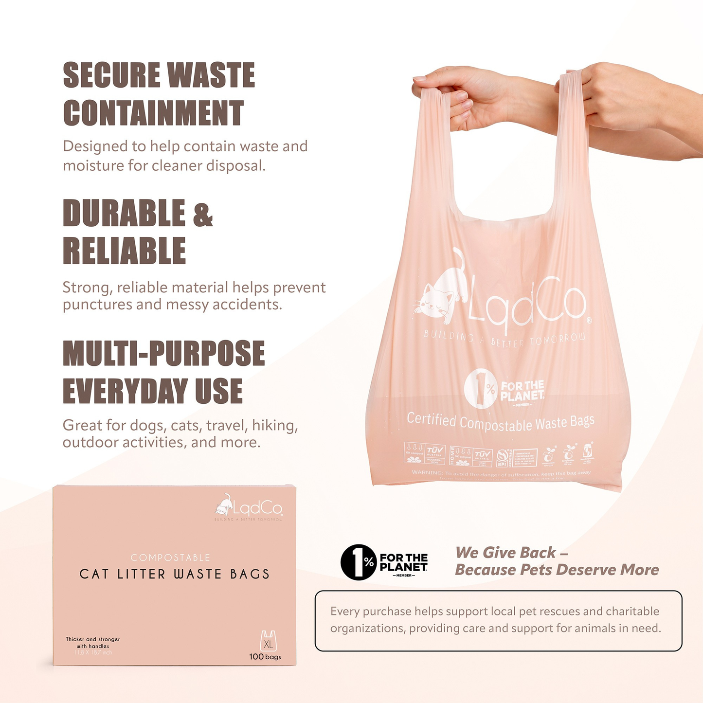 Cat litter waste bags are thicker and stronger — perfect for heavy waste. The XL size fits even the largest litter boxes, and the built-in handles make tying and carrying mess-free. Plus, the gentle lavender scent helps keep odors at bay