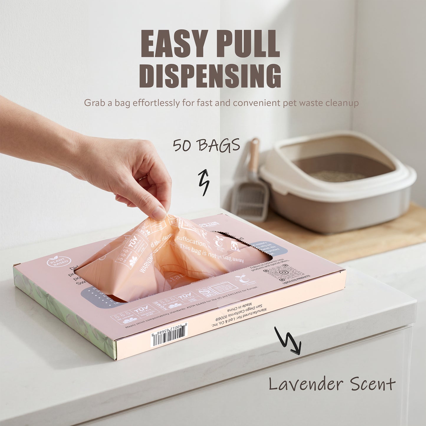 Bio-based cat litter waste bags are thicker and stronger — perfect for heavy waste. The XL size fits even the largest litter boxes, and the built-in handles make tying and carrying mess-free. Plus, the gentle lavender scent helps keep odors at bay.