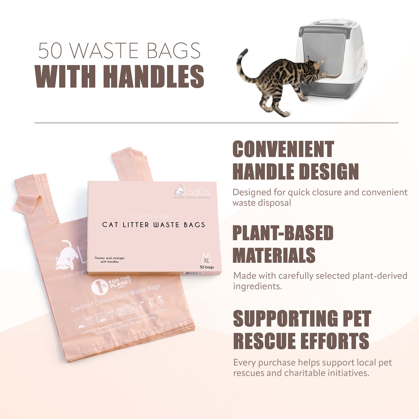 Bio-based cat litter waste bags are thicker and stronger — perfect for heavy waste. The XL size fits even the largest litter boxes, and the built-in handles make tying and carrying mess-free. Plus, the gentle lavender scent helps keep odors at bay.