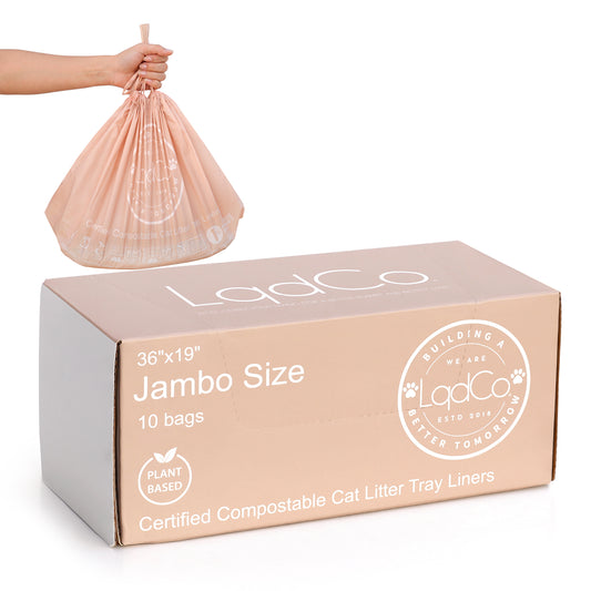 10 Plant-Based Home Compostable Cat Litter Box Liners, Jumbo XL 36" x 19" with Drawstring, Lavender Scented, Extra Thick