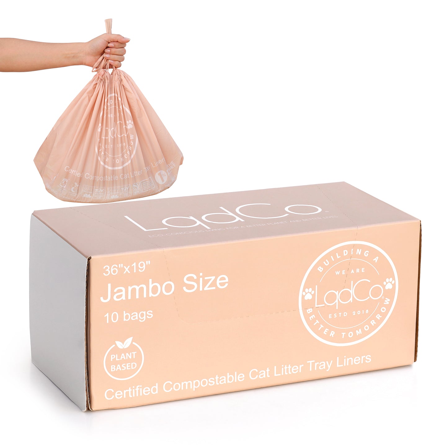 10 Plant-Based Home Compostable Cat Litter Box Liners, Jumbo XL 36" x 19" with Drawstring, Lavender Scented, Extra Thick