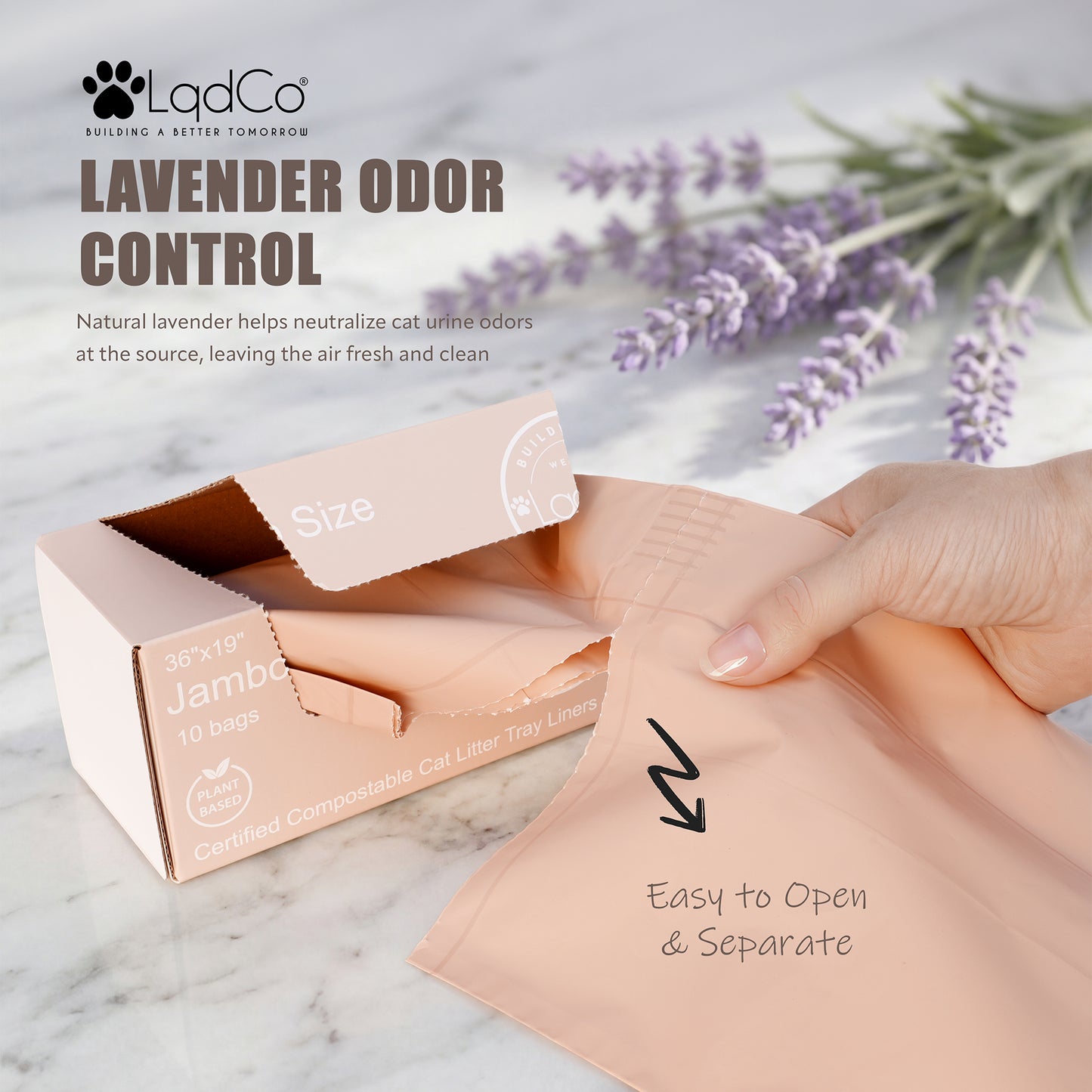 10 Plant-Based Home Compostable Cat Litter Box Liners, Jumbo XL 36" x 19" with Drawstring, Lavender Scented, Extra Thick