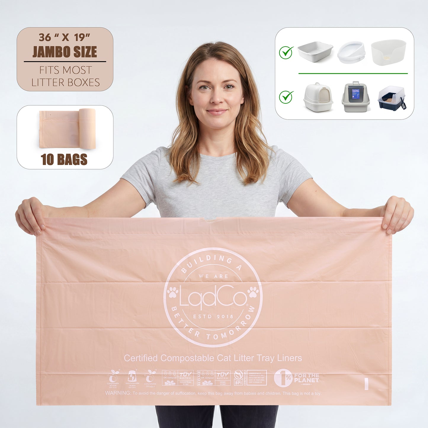 10 Plant-Based Home Compostable Cat Litter Box Liners, Jumbo XL 36" x 19" with Drawstring, Lavender Scented, Extra Thick